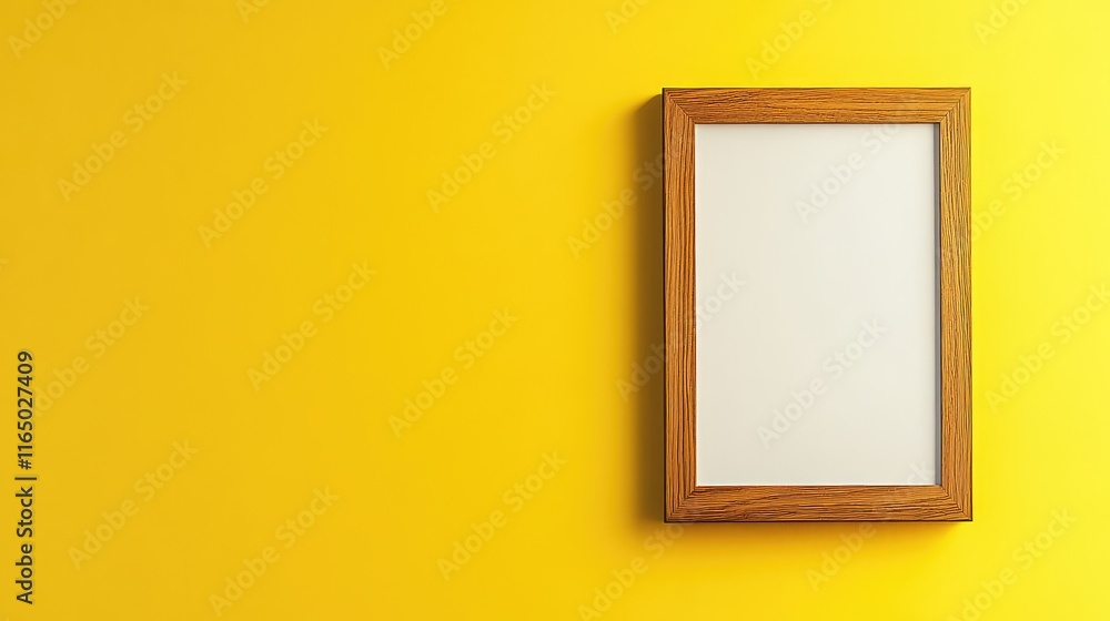 Poster a blank wooden frame resting against a bright yellow background with a minimal and cheerful aestheti