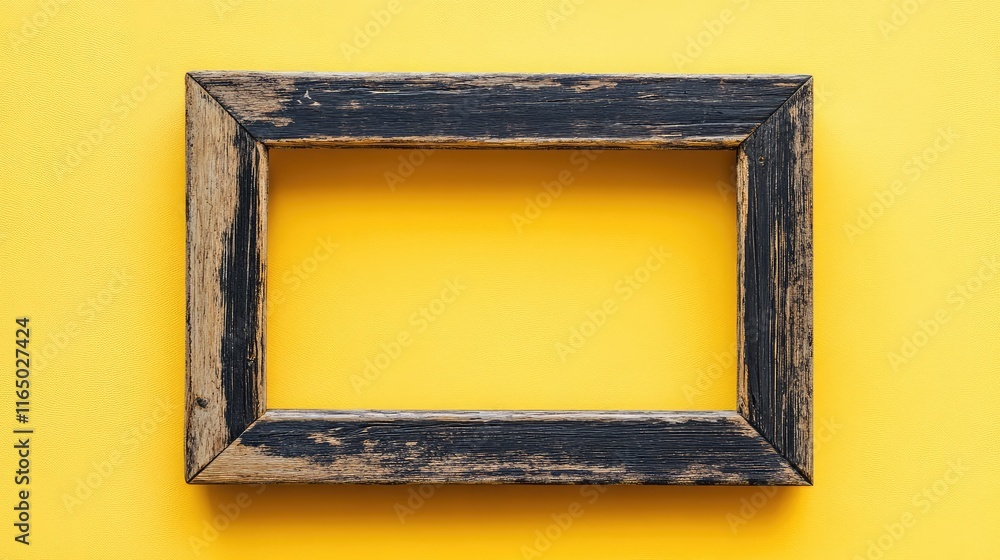 Poster a blank wooden frame resting against a bright yellow background with a minimal and cheerful aestheti