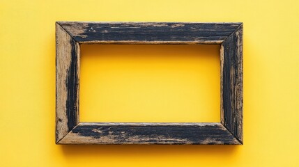 A blank wooden frame resting against a bright yellow background with a minimal and cheerful aesthetic. Generous copy space for text or images.