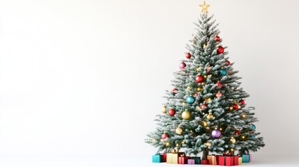 Fototapeta premium A brightly lit Christmas tree with colorful baubles, placed against a crisp white background, ideal for inserting festive greetings or designs.