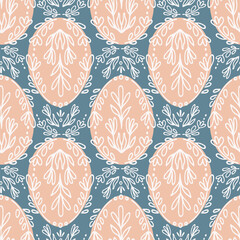 Materiał do szycia Folksy painted Easter eggs with delicate leafy designs in peach and white on blue background. Beautiful easter seamless vector pattern. Great for home decor, fabric, wallpaper, gift wrap, stationery.