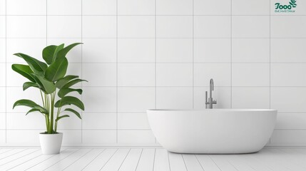 Fototapeta premium A minimalist bathroom with white tiles, a freestanding bathtub, and minimal decor, creating a spa like atmosphere.