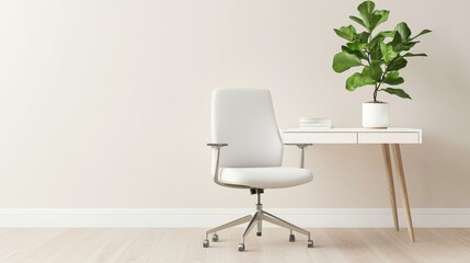 A minimalist home office with a white desk, a comfortable office chair, and a single plant adding a touch of greenery.