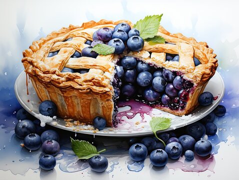 Delicious blueberry pie with a slice removed, showcasing juicy berries and golden crust.