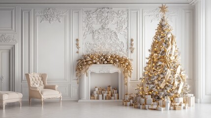 A Christmas tree adorned with delicate ribbons and golden lights, placed in front of a simple, neutral white backdrop, perfect for seasonal designs.