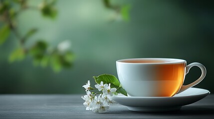 A cup of tea with blossoms on a wooden table, spring background.