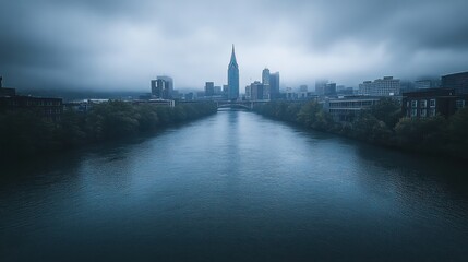 Fototapeta premium Foggy city skyline reflected in calm river.