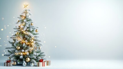Fototapeta premium A Christmas tree with sparkling tinsel, glowing lights, and festive ornaments, placed in front of a simple white background for holiday designs.