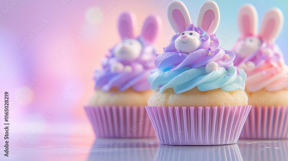 Poster a clean and modern composition of bunny-themed cupcakes with colorful frosting, set on a smooth grad