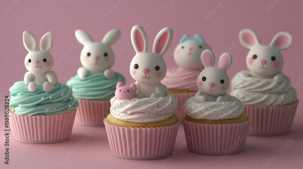 Poster a clean and modern composition of bunny-themed cupcakes with colorful frosting, set on a smooth grad