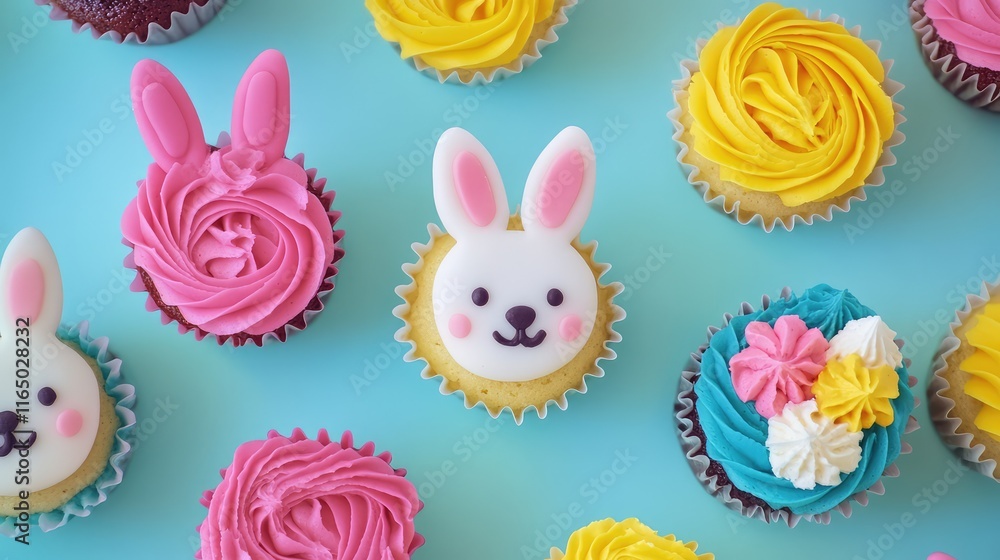 Poster a clean and modern composition of bunny-themed cupcakes with colorful frosting, set on a smooth grad