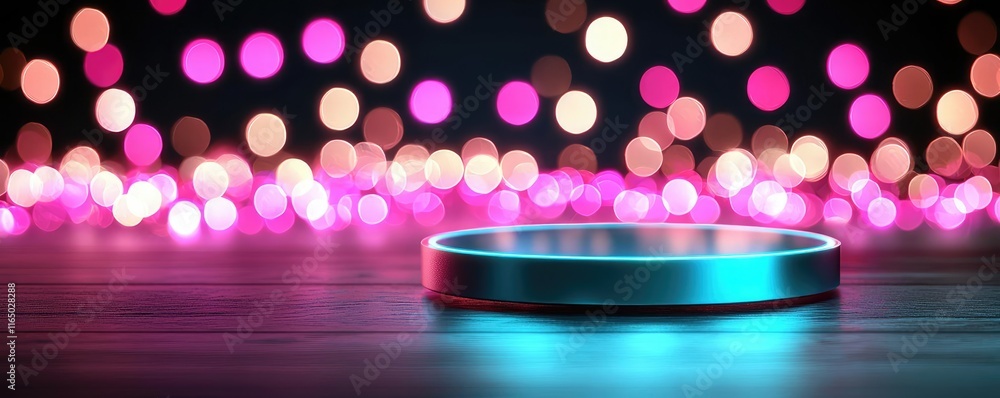 Poster Starry abstract background idea. A vibrant background of colorful bokeh lights with a circular platform in the foreground.