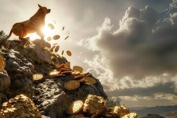 Obraz premium Golden coins fall from above as a dog stands proudly on a cliff natural landscape dramatic lighting inspirational scene