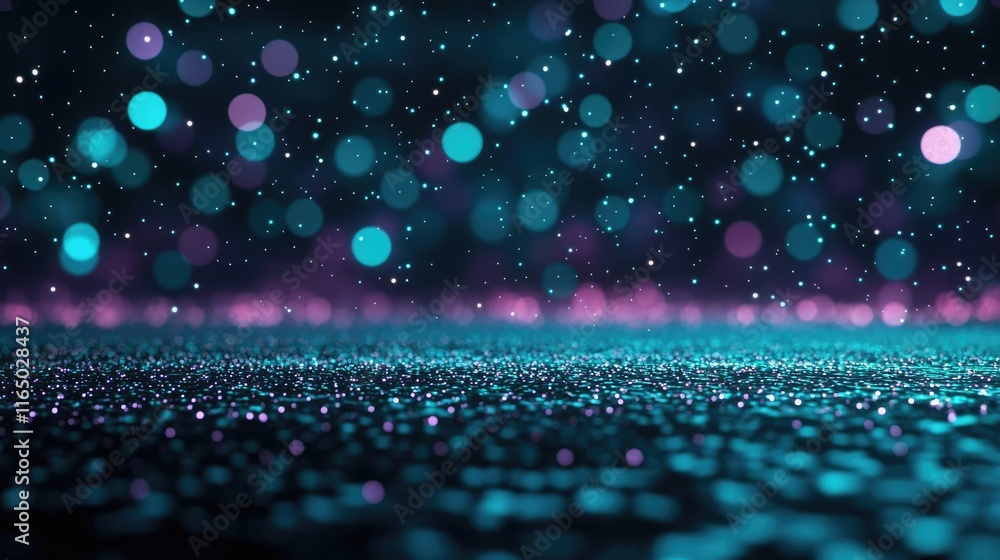 Poster Starry abstract background idea. Abstract background with colorful bokeh lights in teal and purple creating a dreamy effect.