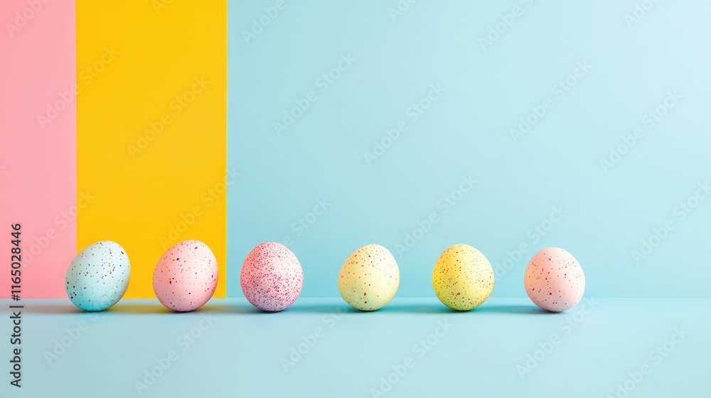 Poster a clean and modern easter setup featuring pastel eggs in a row, placed on a smooth gradient surface.