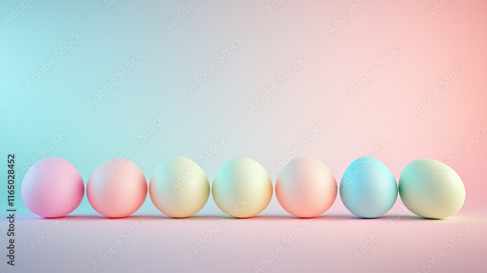 Poster a clean and modern easter setup featuring pastel eggs in a row, placed on a smooth gradient surface.
