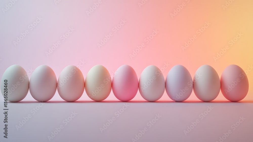 Poster a clean and modern easter setup featuring pastel eggs in a row, placed on a smooth gradient surface.