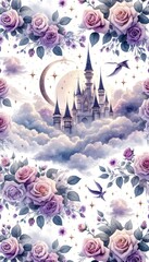 A dreamy castle surrounded by clouds, roses, and stars, creating a whimsical and enchanting atmosphere.