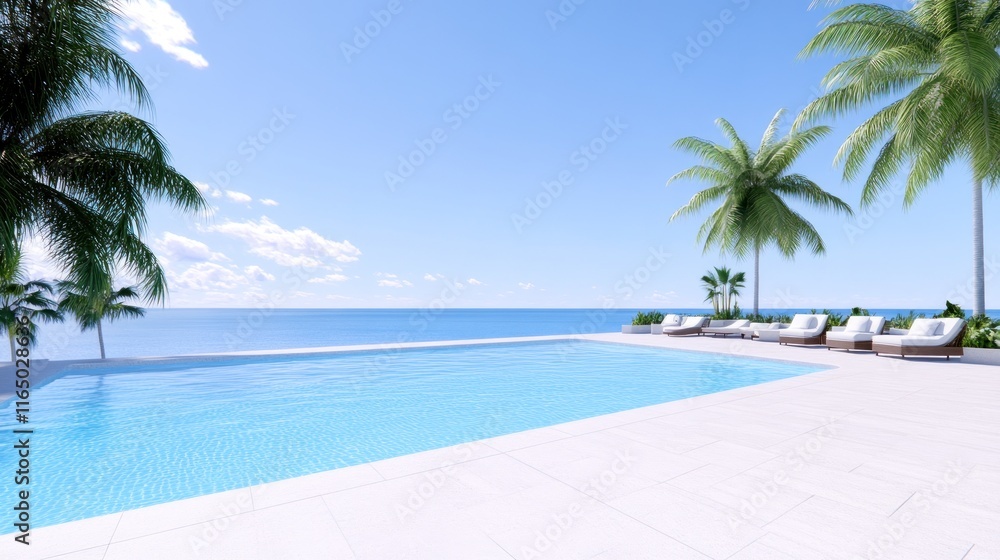 Poster serene poolside view overlooking the ocean with palm trees.
