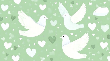Three White Doves Surrounded By Many Hearts