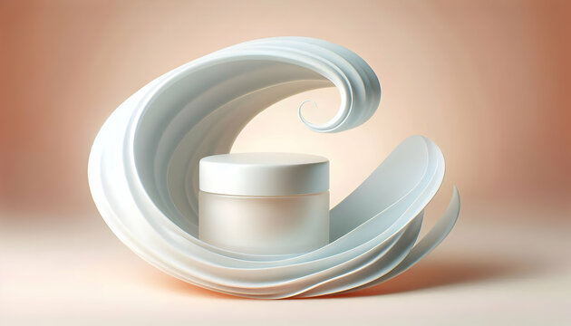 Cosmetic A white cosmetic jar with a lid, held by a smooth, curved white form that seems to flow around the j2