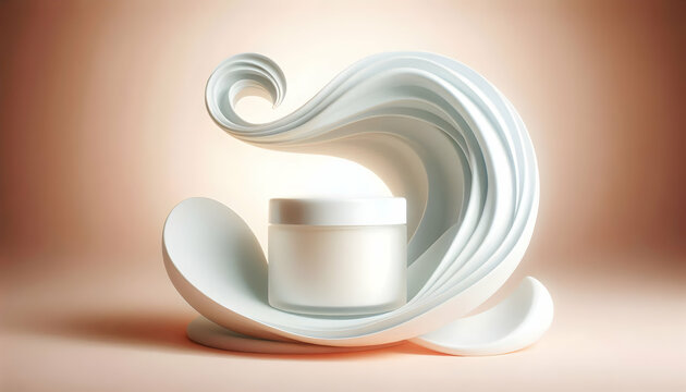 Cosmetic A white cosmetic jar with a lid, held by a smooth, curved white form that seems to flow around the j3