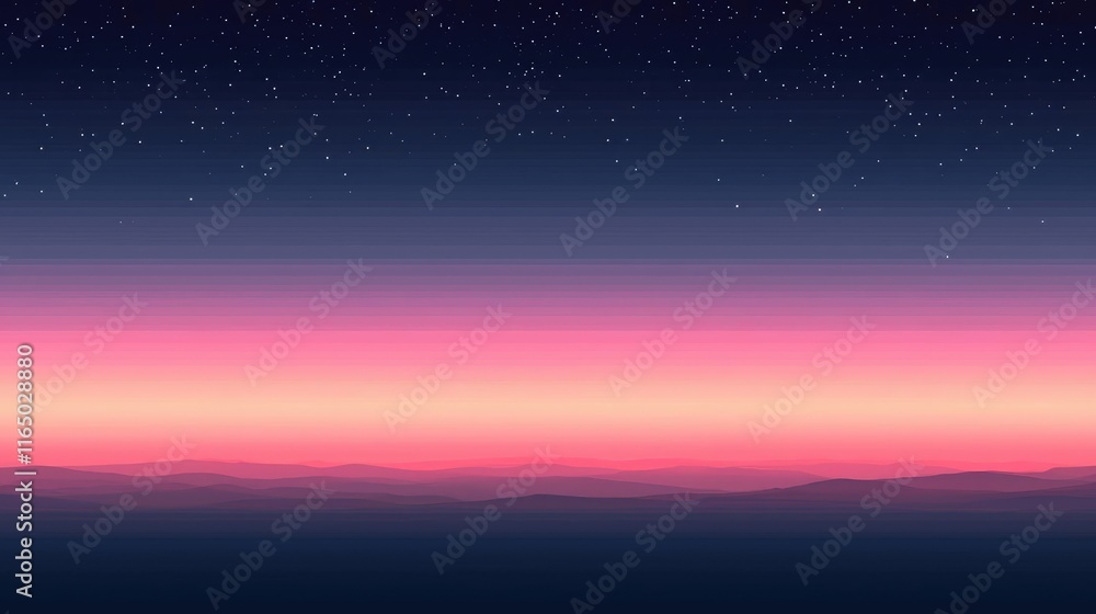 Poster starry abstract background idea. a serene gradient sunset over distant mountains with twinkling star
