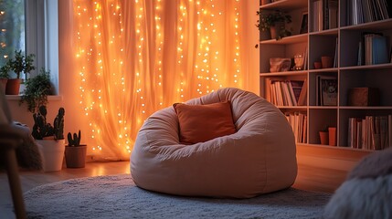 A stylish dorm room with a soft bean bag chair in a pastel shade, draped fairy lights illuminating the neutral walls, a cozy rug, and a bookshelf neatly organized in the corner, hd quality,