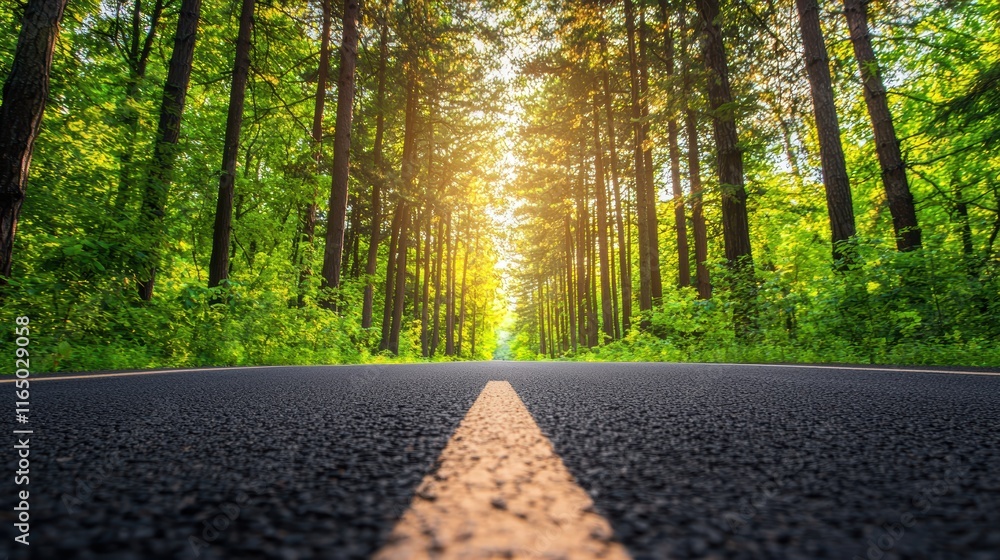 Poster a tree lined highway passing through a dense forest, the sunlight filtering through the leaves and c