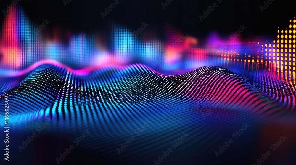 Poster Noise abstract background idea. Vibrant digital wave art displaying colorful sound patterns and audio frequencies.