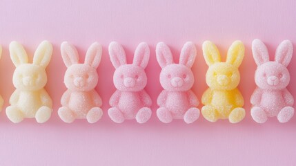 A close-up of a row of pastel-colored bunny-shaped candies lined up on a soft pink background, creating a playful and festive vibe.