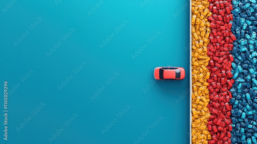 Poster a contrasting image of one side of a highway completely jammed with traffic, while the opposite dire