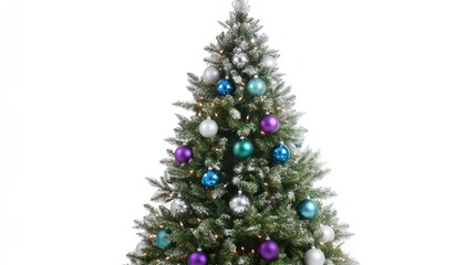 Fototapeta premium A decorated Christmas tree with bright, multicolored lights and silver baubles, placed against a crisp white background, providing ample copy space.