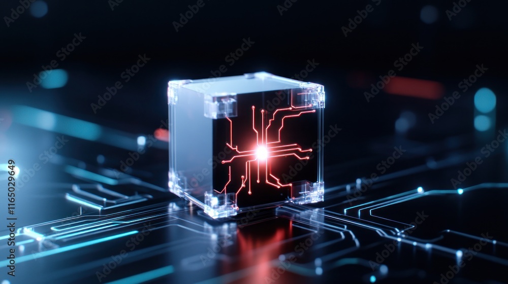 Poster futuristic cube with glowing circuitry on a digital background.