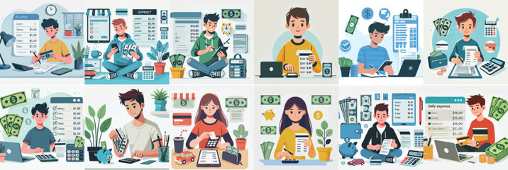 Vector set of a teenager managing daily expenses with a simple flat design style