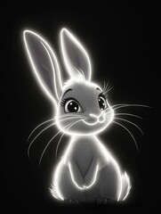 Glowing white rabbit sitting, dark background, cute cartoon style.
