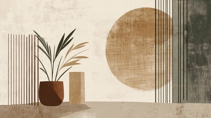 A minimalist design featuring a potted plant, geometric shapes, and earthy tones, creating a serene and modern aesthetic.