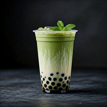  A cup of matcha bubble tea with tapioca pearls,  Matcha bubble tea, bubble tea, matcha, tapioca pearls, boba, milk tea, dessert, drink, beverage, sweet, delicious, refreshing, summer, food, treat, sn