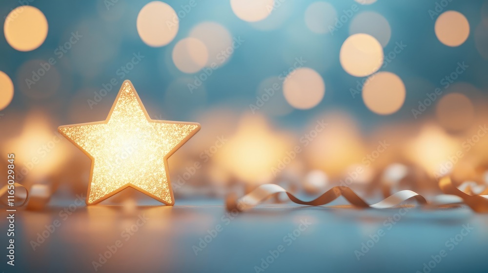 Poster Starry abstract background idea. A sparkling star glowing amidst soft bokeh lights, creating a warm and festive atmosphere.