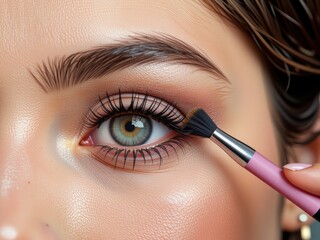 Naklejka premium Close up Eye Makeup Application Beautiful Woman s Eye Cosmetics Beauty Brush Eyeshadow