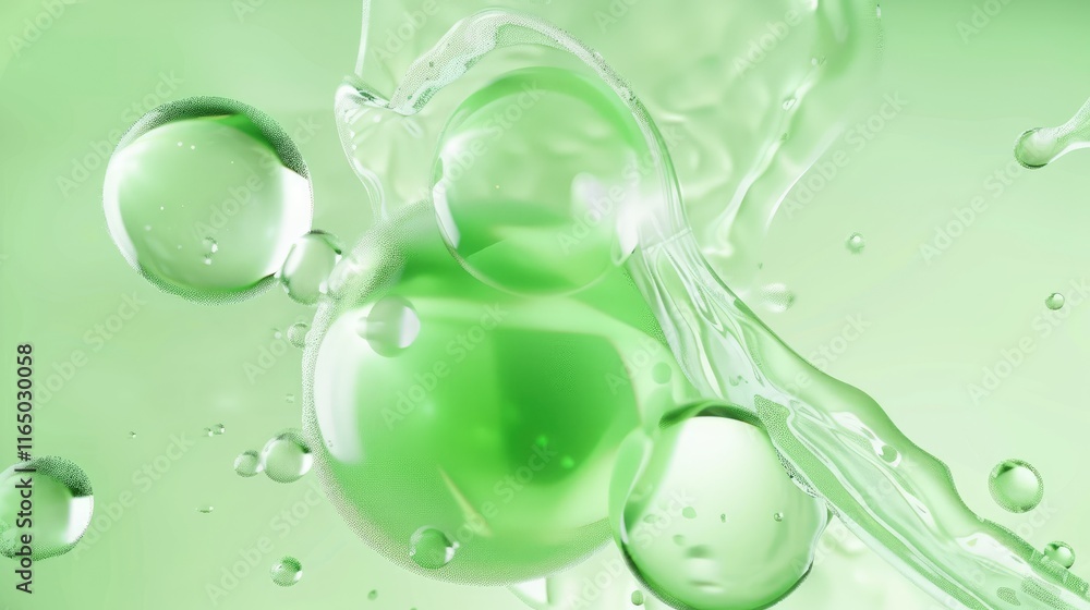 Poster abstract composition of green bubbles and liquid elements on a soft background.