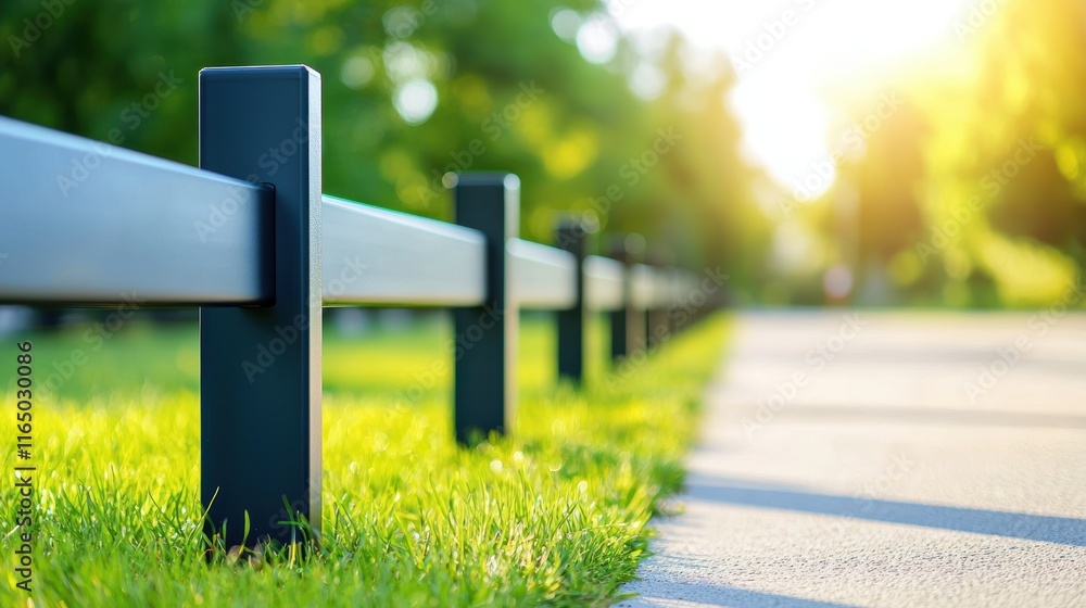 Poster a row of sturdy crash barriers lining the median of a highway, designed to prevent head on collision