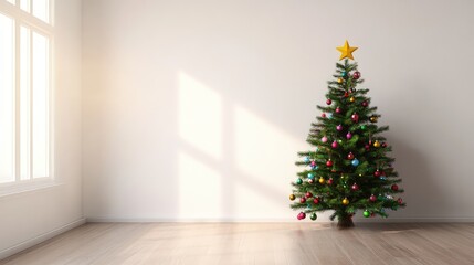 A festive Christmas tree with colorful decorations and a star on top, set in a minimalist room with a white background for easy design use.
