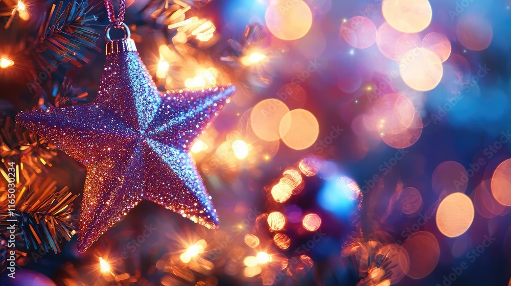 Poster starry abstract background idea. a sparkling star ornament on a christmas tree, with glowing lights 