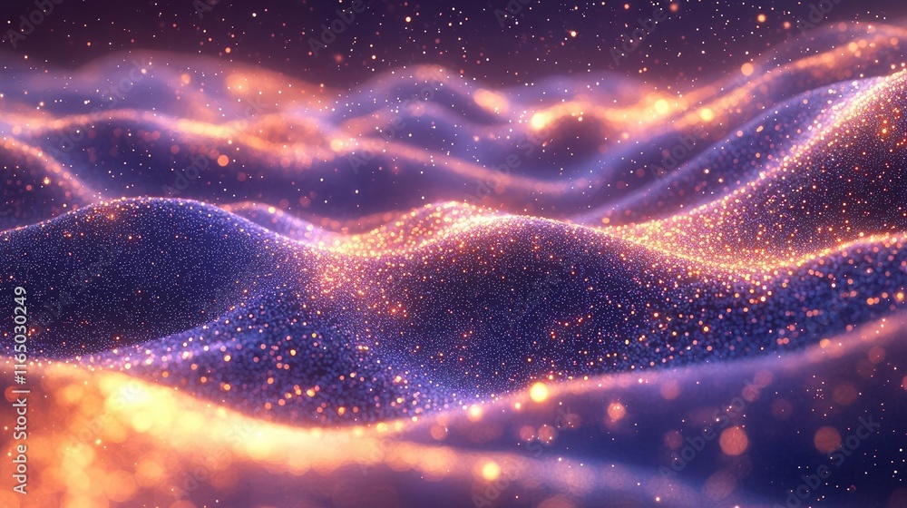 Poster Starry abstract background idea. Abstract digital waves with glowing particles create a mesmerizing visual experience.