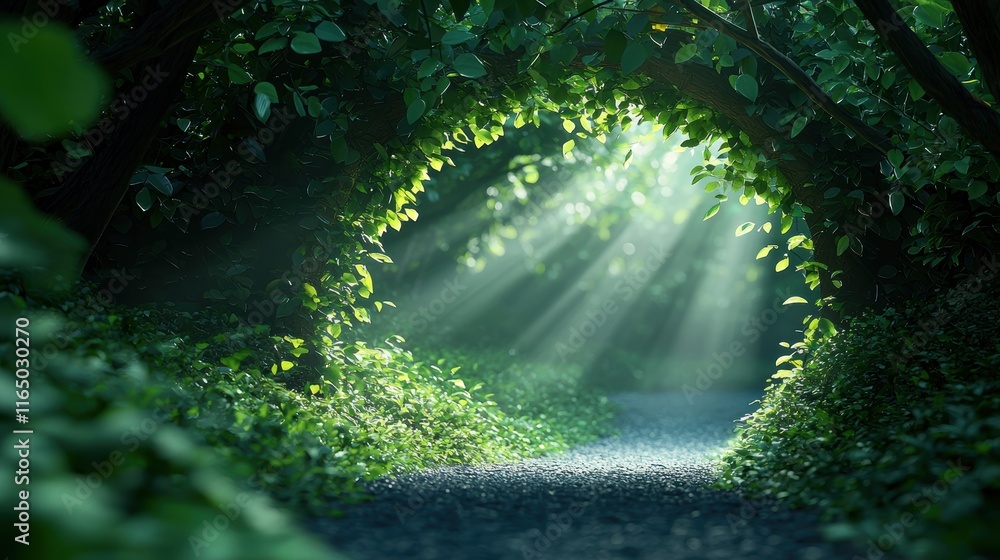 Poster a narrow road winding its way through a dense forest, dappled sunlight filtering through the canopy 