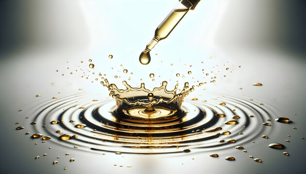 Cosmetic A dropper releasing golden oil droplets that create a ripple in the pool below The splash spreads ac3