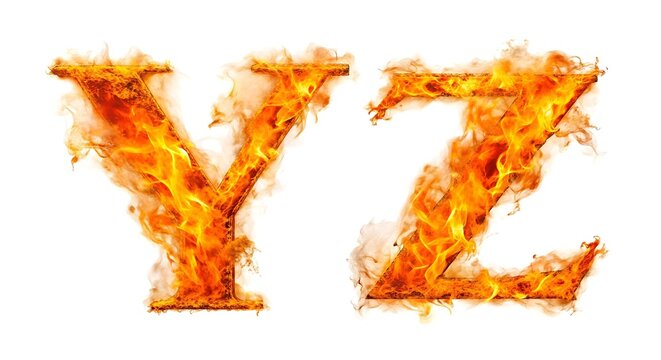 flaming yz fiery alphabet letters blazing typography isolated on white background