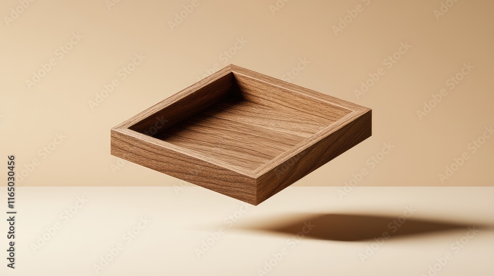 Poster a floating wooden frame in mid-air with a clean beige background. minimalist and elegant composition