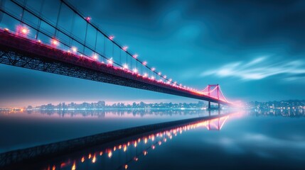A bridge illuminated with colorful lights, reflecting in the water below, as cars drive across its span, creating a captivating scene of urban beauty and activity.